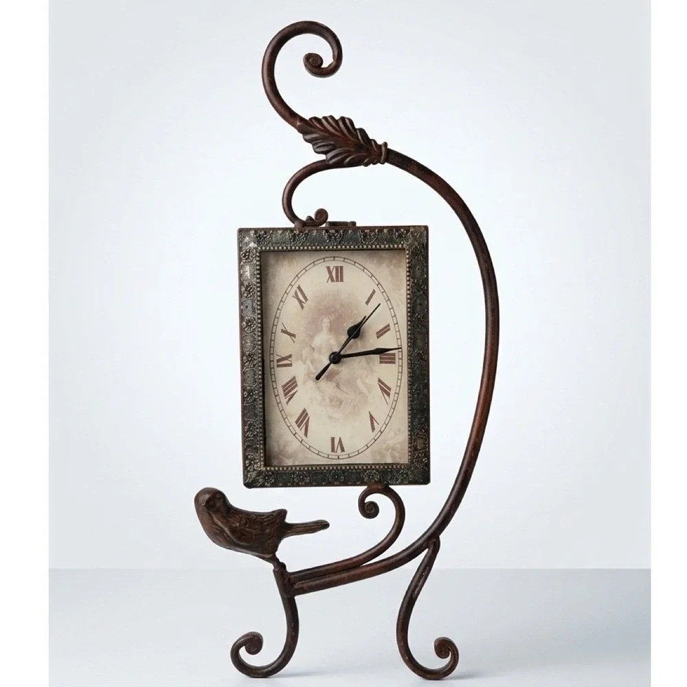Tabletop Clock Wrought Iron Vintage Shabby Chic Bird Scroll Floral Mantel Decor